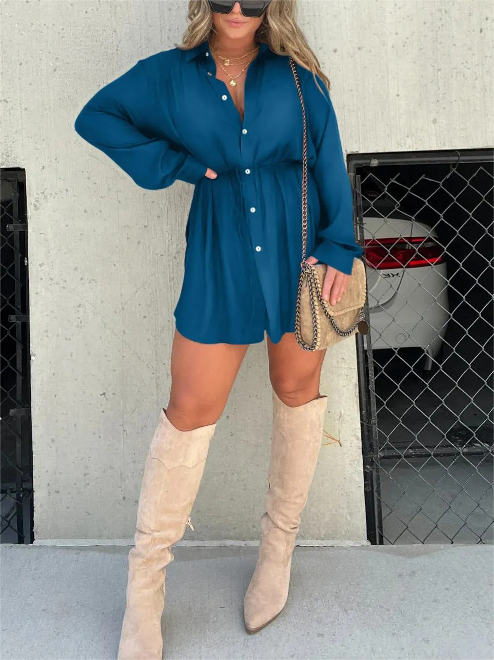 Women's Button-Up Shirt Dress – Long Sleeve, Casual Fit - 3KDyn